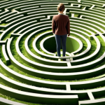 **Navigating environmental certifications:** A complex labyrinth representing environmental certifications (ISO 14001, EMAS, Ecolabel), with a person looking confused but determined to find the exit. Focus on conveying the initial feeling of being overwhelmed.