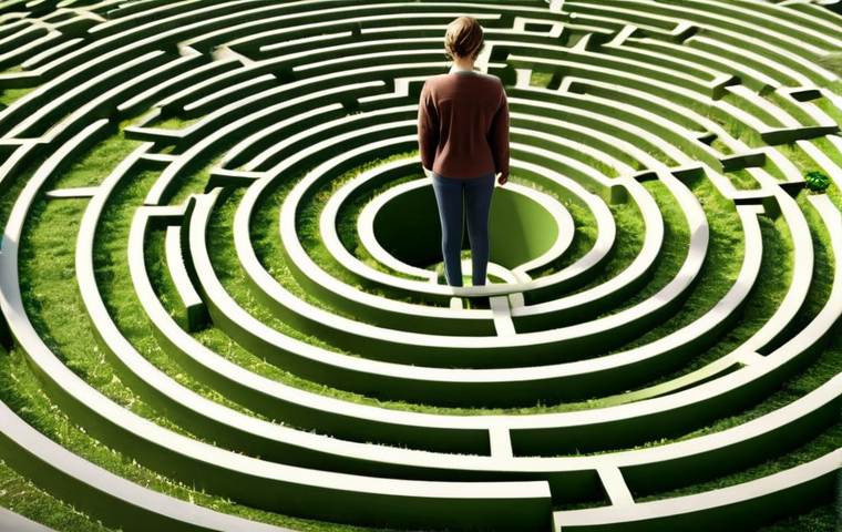 **Navigating environmental certifications:** A complex labyrinth representing environmental certifications (ISO 14001, EMAS, Ecolabel), with a person looking confused but determined to find the exit. Focus on conveying the initial feeling of being overwhelmed.
