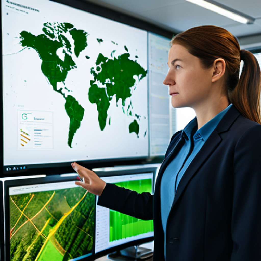 A professional environmental data scientist, fully clothed in a modest business suit, stands in a modern, well-lit tech office. She is attentively observing large screens displaying real-time environmental data, such as detailed GIS maps illustrating forest health, charts of urban air quality, and drone footage capturing sustainable agriculture initiatives. The setting is sleek, high-tech, and represents advanced technological solutions applied to environmental protection.