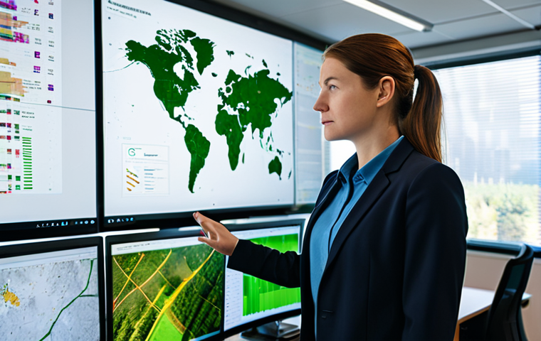 A professional environmental data scientist, fully clothed in a modest business suit, stands in a modern, well-lit tech office. She is attentively observing large screens displaying real-time environmental data, such as detailed GIS maps illustrating forest health, charts of urban air quality, and drone footage capturing sustainable agriculture initiatives. The setting is sleek, high-tech, and represents advanced technological solutions applied to environmental protection.
