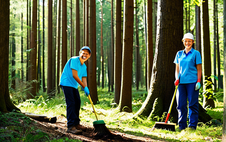 환경보호 실습에서의 팀워크 경험 - Team Cleaning a Forest**

"A diverse team of volunteers working together to clean up a forest, fully...