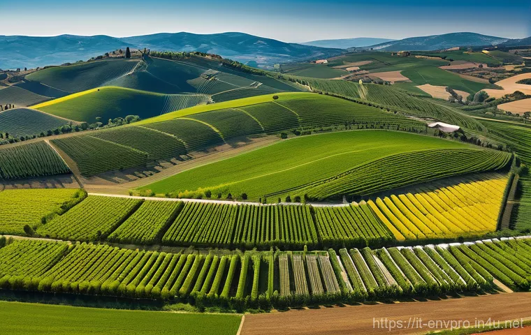 환경보호 전문가가 보는 에너지 전환 - A breathtaking panoramic view of the Italian countryside, featuring rolling hills and ancient olive ...