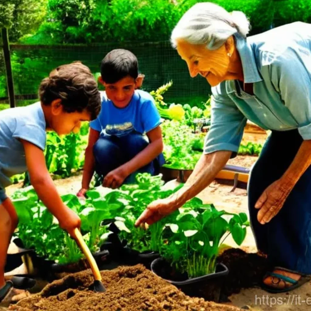 환경보호 실무에서의 문제 해결 능력 - **Prompt:** A vibrant and warm scene set in a sun-drenched Italian community garden, possibly with t...