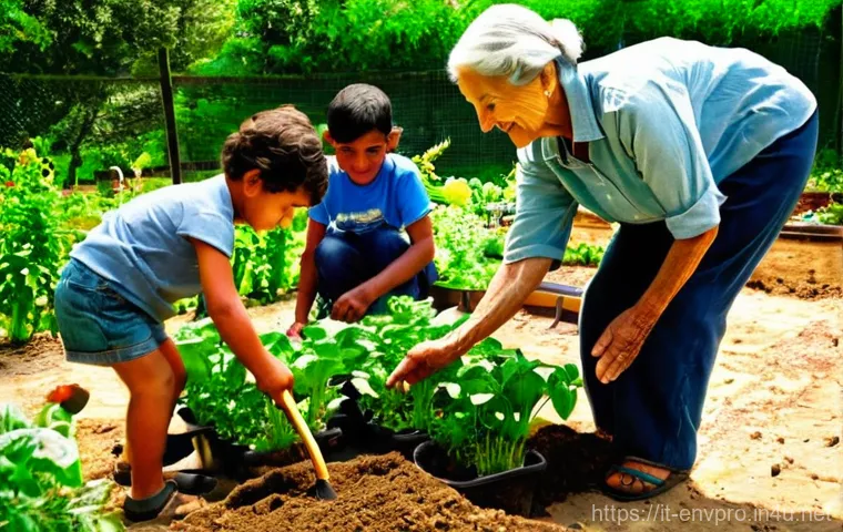 환경보호 실무에서의 문제 해결 능력 - **Prompt:** A vibrant and warm scene set in a sun-drenched Italian community garden, possibly with t...