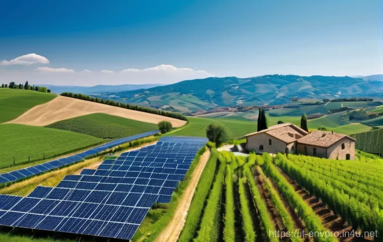 환경보호 기술의 실제 적용 사례 - **Prompt: Renewable Energy Landscape in Italy**
    A vibrant, sun-drenched Italian landscape. In th...