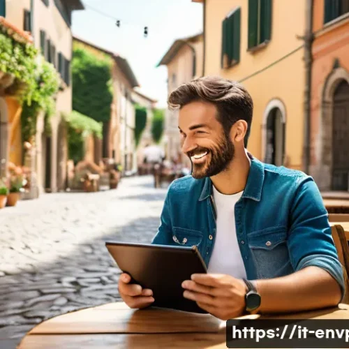 환경보호전문가의 고객 커뮤니케이션 - A warm, inviting scene of an Italian environmental consultant sitting at a rustic wooden café table ...