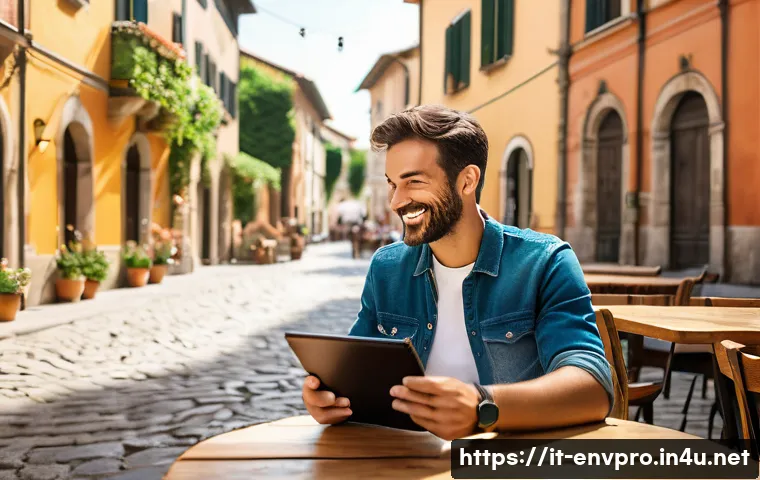 환경보호전문가의 고객 커뮤니케이션 - A warm, inviting scene of an Italian environmental consultant sitting at a rustic wooden café table ...