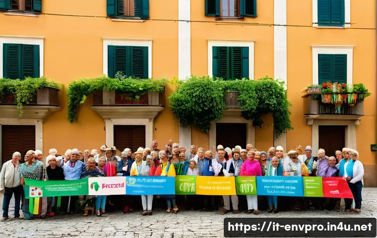 환경보호 직무에서의 리더십 - A vibrant outdoor community workshop in an Italian village square, featuring diverse local residents...