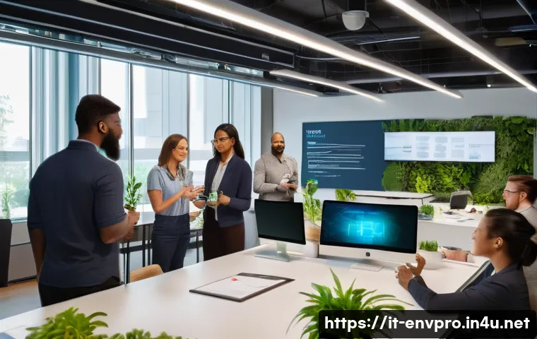 환경보호 관련 직무와 사내 교육 - A modern corporate office environment featuring diverse employees engaged in an interactive sustaina...