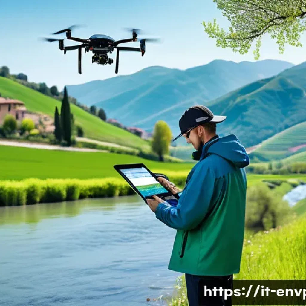 환경보호 직무별 업무 범위 - A detailed scene of an environmental monitoring technician working in the Italian countryside during...