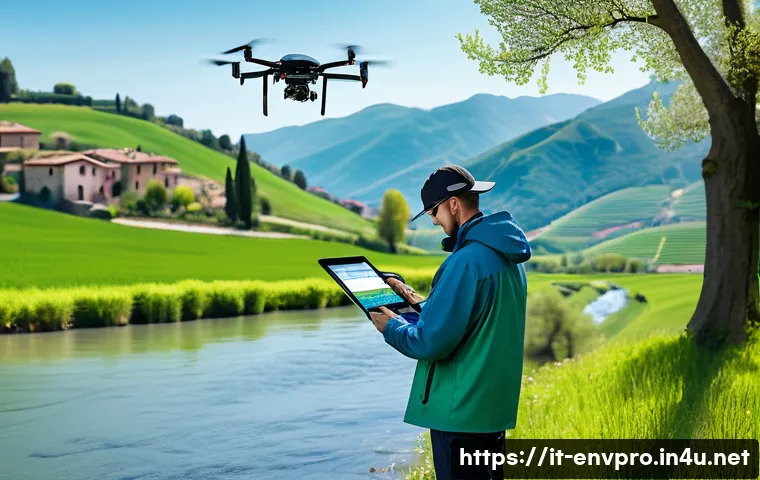 환경보호 직무별 업무 범위 - A detailed scene of an environmental monitoring technician working in the Italian countryside during...
