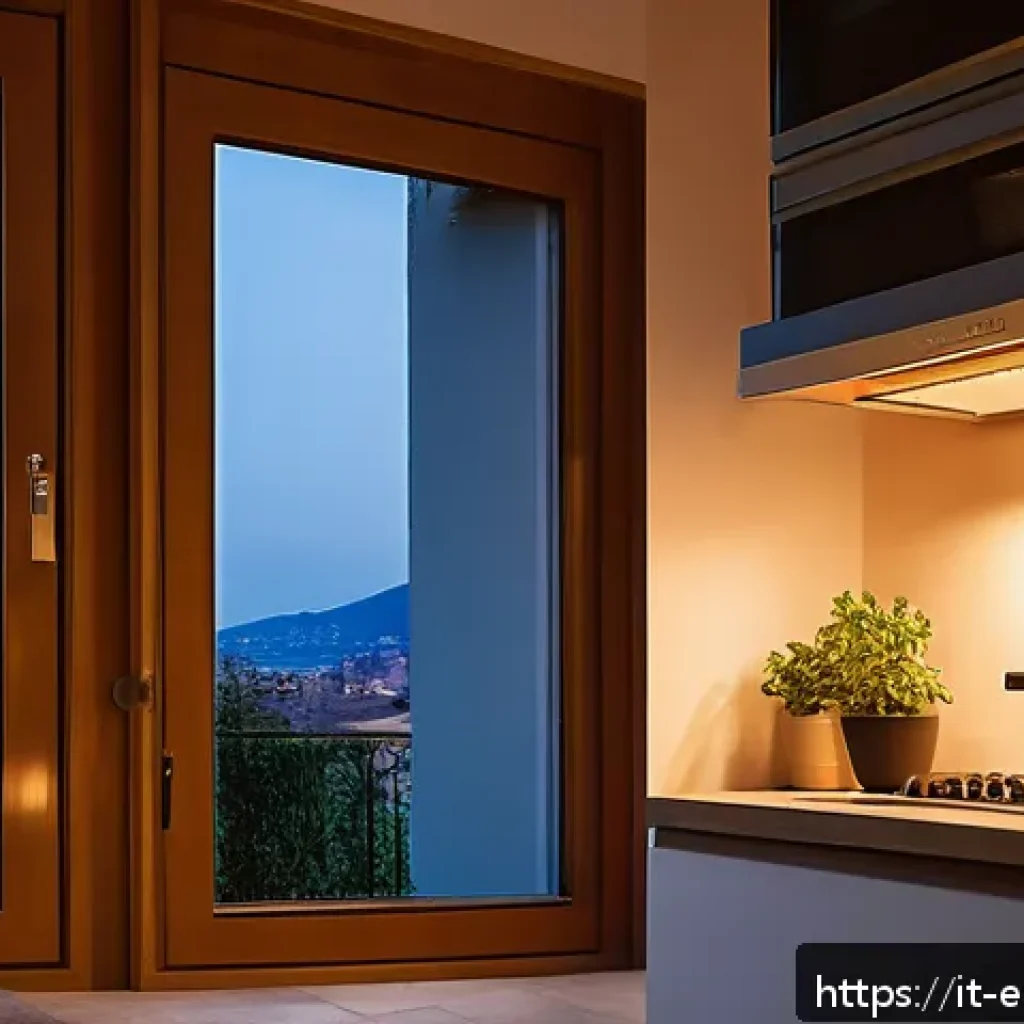 환경보호 관련 실무 워크북 - A cozy Italian urban home interior at dusk, featuring energy-saving LED lights glowing warmly, a mod...