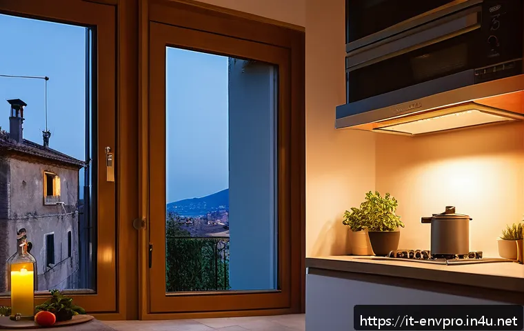 환경보호 관련 실무 워크북 - A cozy Italian urban home interior at dusk, featuring energy-saving LED lights glowing warmly, a mod...