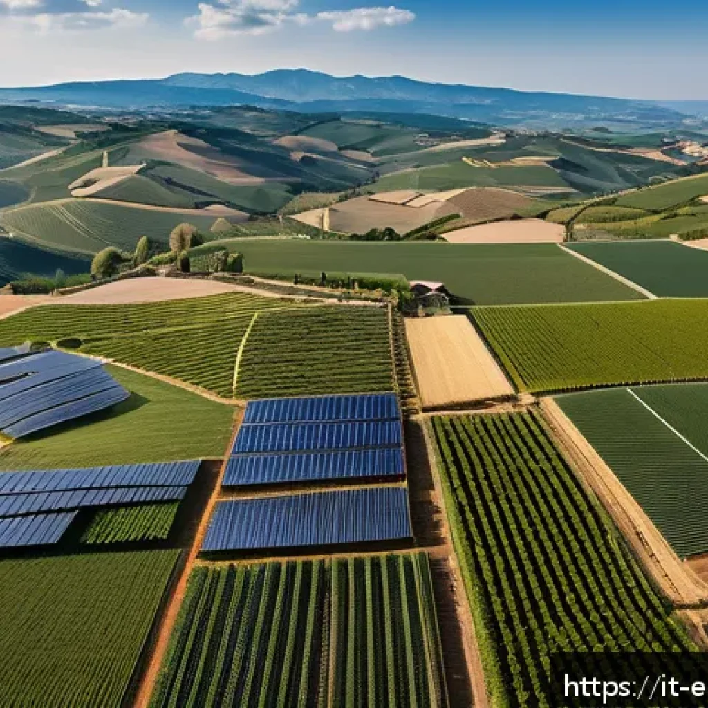 환경 전문가가 알아야 할 기후 변화 데이터 - A detailed aerial view of a modern Italian agricultural landscape showing sustainable farming practi...