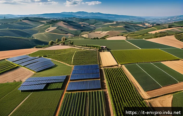 환경 전문가가 알아야 할 기후 변화 데이터 - A detailed aerial view of a modern Italian agricultural landscape showing sustainable farming practi...