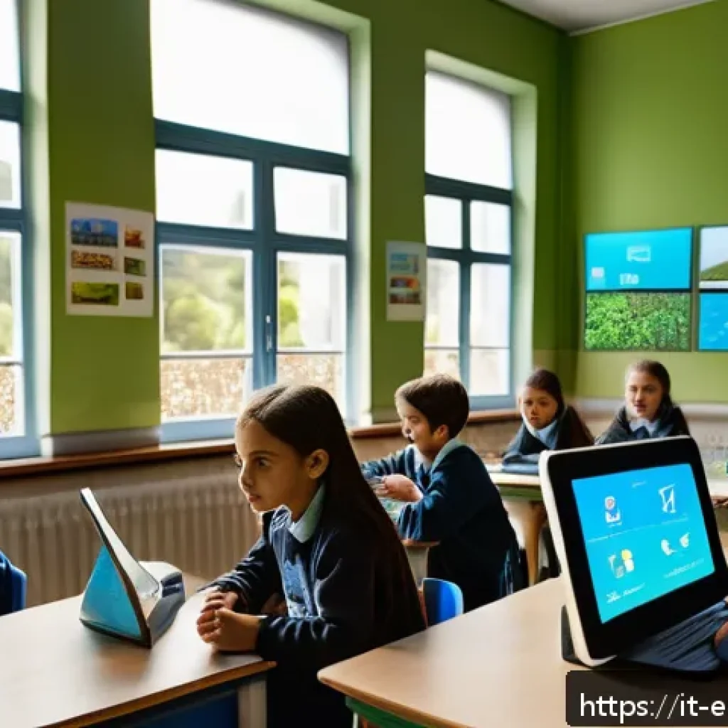 환경보호 기술 교육 사례 - A vibrant classroom scene in an Italian school featuring students wearing casual clothes and digital...