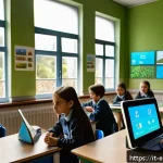 환경보호 기술 교육 사례 - A vibrant classroom scene in an Italian school featuring students wearing casual clothes and digital...