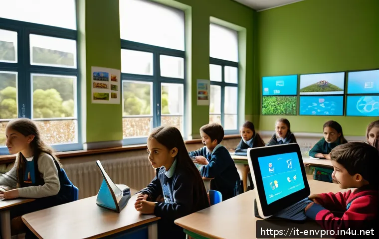 환경보호 기술 교육 사례 - A vibrant classroom scene in an Italian school featuring students wearing casual clothes and digital...
