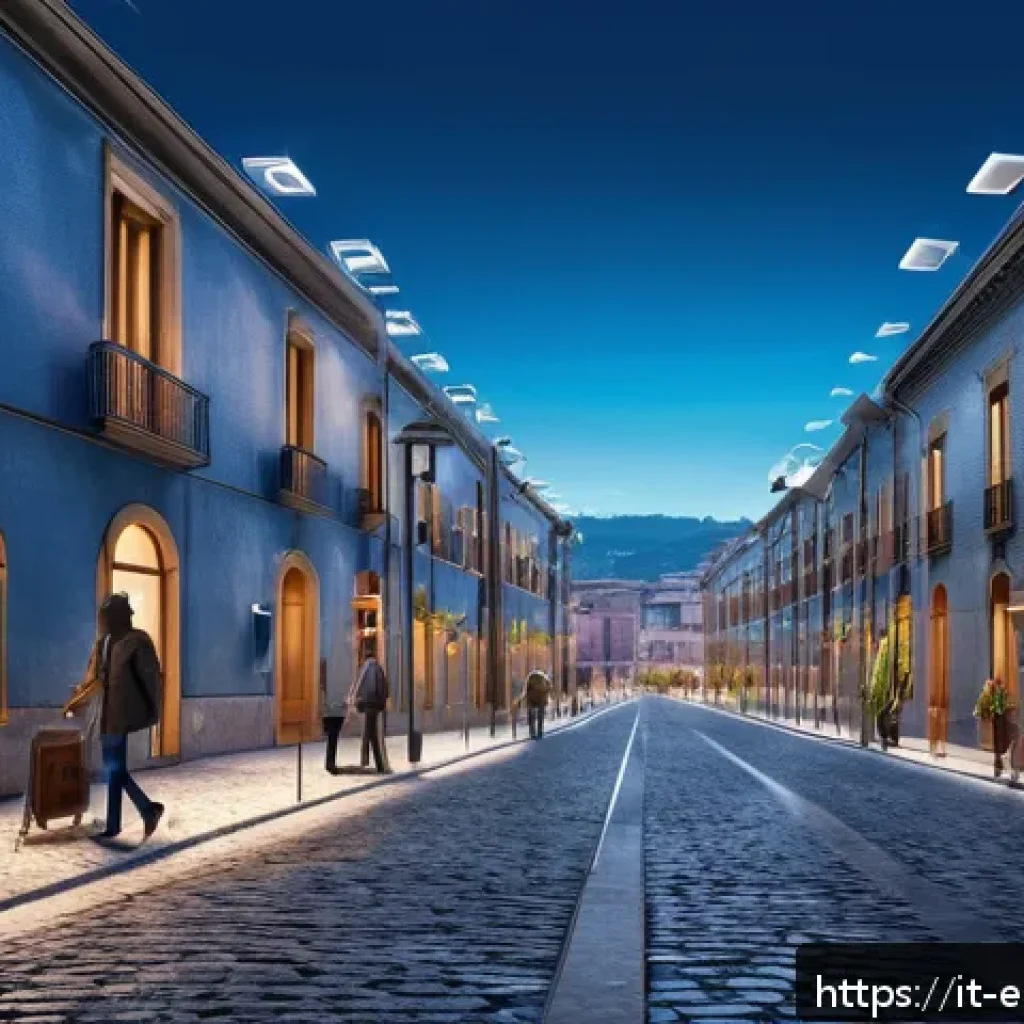 환경보호와 AI 기술 융합 사례 - A futuristic Italian urban landscape featuring smart environmental sensors integrated on street lamp...