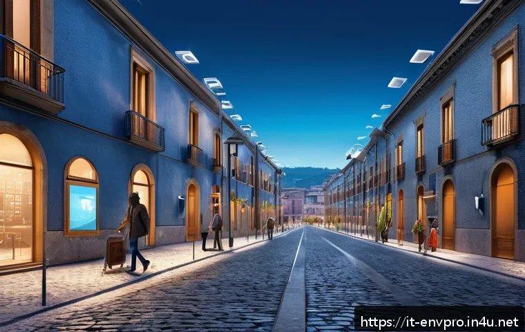 환경보호와 AI 기술 융합 사례 - A futuristic Italian urban landscape featuring smart environmental sensors integrated on street lamp...